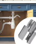 Kick The Habit Of Juggling Tools! This All-In-One Internal And External Pipe Threader next to PVC plumbing under a kitchen sink.