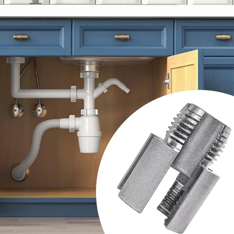 Kick The Habit Of Juggling Tools! This All-In-One Internal And External Pipe Threader next to PVC plumbing under a kitchen sink.