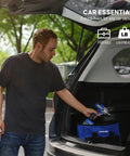 Man placing 20V Cordless Brushless Impact Wrench Kit With Beefy 370 Ft Lbs Max Torque in car trunk with tools bag