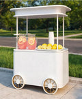 Slick Custom Mobile Food Cart With Roof And Heavy Duty Portable Vendor Display Kiosk For Coffee Snacks Desserts Trade Shows Plus Full Color Branding Makeover with lemonade pitchers and lemons.
