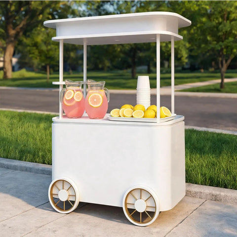 Slick Custom Mobile Food Cart With Roof And Heavy Duty Portable Vendor Display Kiosk For Coffee Snacks Desserts Trade Shows Plus Full Color Branding Makeover with lemonade pitchers and lemons.