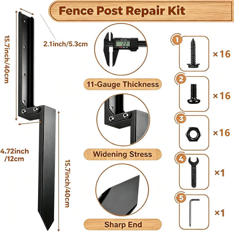 Heavy Duty Steel Fence Post Repair Kit 4 Pack Quick Fix For Leaning 4X4 And 6X6 Wood Posts Outdoor Yard Anchor Stakes Solid As A Rock Backyard Saver In A Jam with features and dimensions.