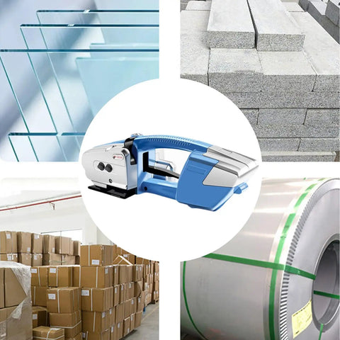 Battery Powered Strapping Machine For PP And PET Straps Auto Tighten No Tools Needed Your Go To Strap Tool For Paper Mills And Chemical Plants Portable Electric Strap Tool With Gloves And One Battery, shown on PP/PET bundles and rolls