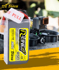 R Line 850mAh 14.8V 95C 4S LiPo Battery Pack With XT60 Plug for multirotor FPV drones with racing drone in background