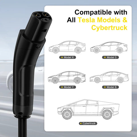 40 Amp Level 2 EV Charger With 240V NEMA 14-50 Plug For Tesla Models S, 3, X, Y And All NACS-Compatible Electric Vehicles, diagram showing compatibility with Tesla models and Cybertruck.
