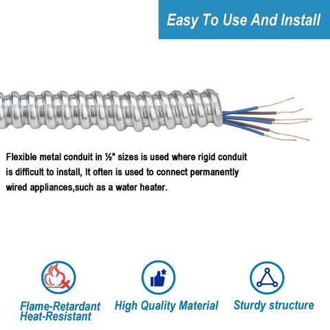 Half Inch Flexible Steel Electrical Conduit Kit, 25 Feet Of Flexible Metal Conduit showing coiled wires and installation details