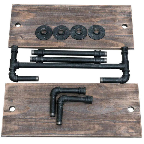 Industrial Pipe Shelves With Towel Bar Rustic Wood Wall Mounted Two Shelf Set components laid flat