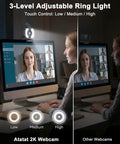 Pro Grade 2K Webcam For PCs Featuring Warm LED Ring with adjustable touch control for video calls.