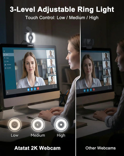 Pro Grade 2K Webcam For PCs Featuring Warm LED Ring with adjustable touch control for video calls.