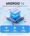Illustration of Android 14 features for Hella Massive 96GB MP3 Player With Bluetooth And WiFi, highlighting 8-core CPU and 3GB RAM.
