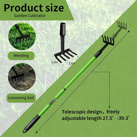 Handy Tiny Garden Rake With Telescoping Handle 27 To 39 Inches Non Slip Grip Elderly Friendly Mini Rake For Tight Spaces Flower Beds And Pots No Bending Design For Back Pain Relief, showing telescopic design and measurements.