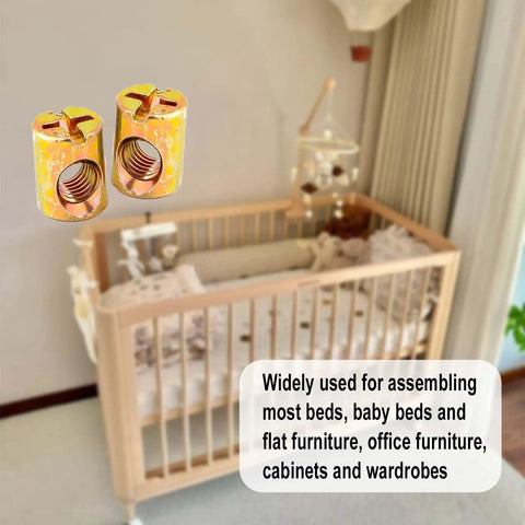 Premium Heavy Duty M6 Slotted Barrel Nuts 10x13mm Gold Cross Dowel Furniture Fasteners Replacement For Beds Cribs Chairs displayed in crib setting.
