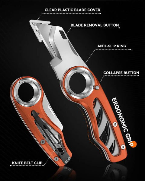 Badass Folding Utility Knife With Secure Finger Loop And Quick Swap Razor Blades For Heavy Duty Box Cutting On The Job Or Around The Workshop And Basement, showcasing ergonomic grip and blade removal features.