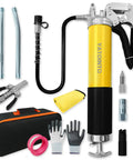 Heavy Duty Beefy 14Oz 15 Piece Pro Grade Grease Gun Kit With 7000 PSI Leak-Proof Spray Gun, 18 Inch Spring Hose, Double Handle Nozzle, Yellow.
