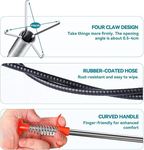 76 Inch Drain Snake With Flexible Grabber Claw For Sinks, Showers And Tubs, Handy Hair Removal Tool For Tight Spaces, Fast Clog Busting And Deep Clean In Narrow Pipes