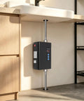 Bulletproof 3000W Tankless Water Heater With LCD Screen installed under a sink, showcasing cast aluminum heating core and controls.