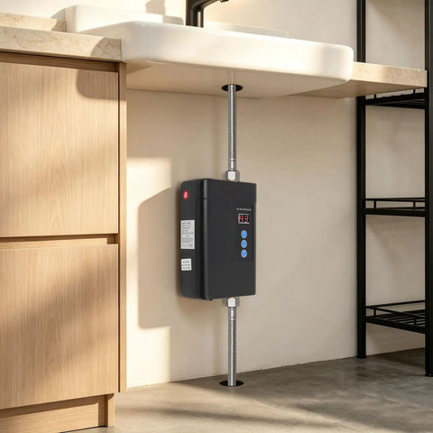 Bulletproof 3000W Tankless Water Heater With LCD Screen installed under a sink, showcasing cast aluminum heating core and controls.