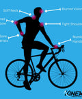 Diagram showing cyclist with highlighted areas of discomfort relieved by Suspension Stem For Bicycle Handlebar With Adjustable Shock Absorption.