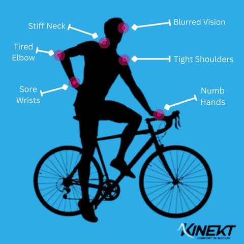 Diagram showing cyclist with highlighted areas of discomfort relieved by Suspension Stem For Bicycle Handlebar With Adjustable Shock Absorption.