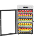 Heavy Hitter 18 Tray Food Dehydrator Machine Featuring No Sweat Touch Controls with assorted dried fruits on trays.