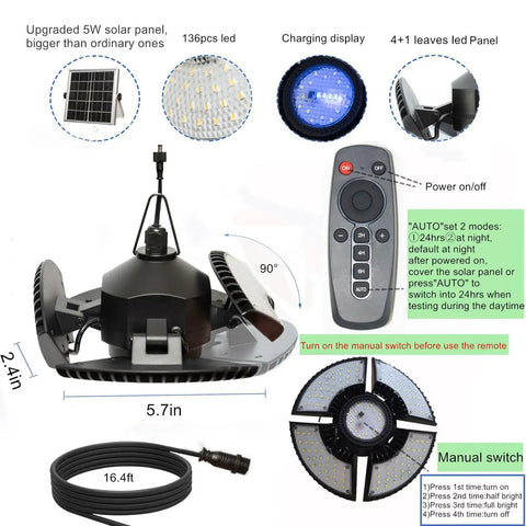 No-Brainer Solar Shed Light With Motion Sensor, 180 LEDs, remote control, 24in size, showing cable and solar panel details.