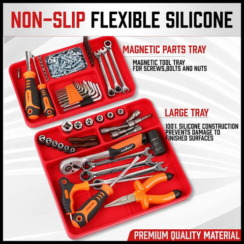 Non Slip Silicone Tool Tray Set Two Piece Flexible Tool Organizer Mats with Magnetic Small Parts Tray for Auto Repair