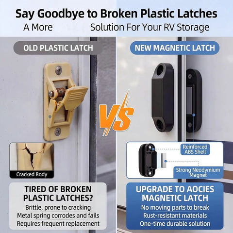 Super Cool JSGHGDF Cabinet Door Catches With Screws Offer Strong Magnet Bumper Stops and No-Tool Adhesive Mounting for Campers Drawers to Secure Lids Effortlessly Without Drilling Mess or Leaving Sticky Residue Behind While Protecting Surfaces Nice And comparison of old cracked plastic latch with new magnetic latch design.