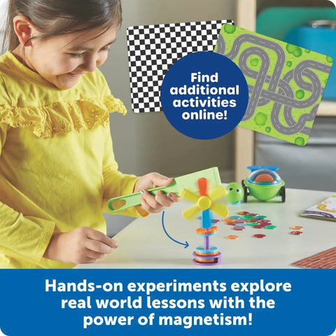 Child playing with Hands On STEM Magnetworks Set With 14 Magnet Experiments For Kids Ages 5 And Up on a table.