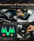 Process of using the Solid Car Fuses Assortment Kit With Standard And Mini Blade Fuses Ranging From 2A To 40A to install fuses.