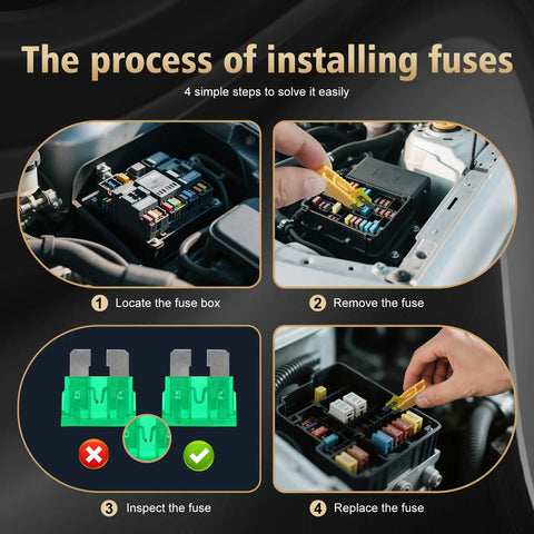 Process of using the Solid Car Fuses Assortment Kit With Standard And Mini Blade Fuses Ranging From 2A To 40A to install fuses.