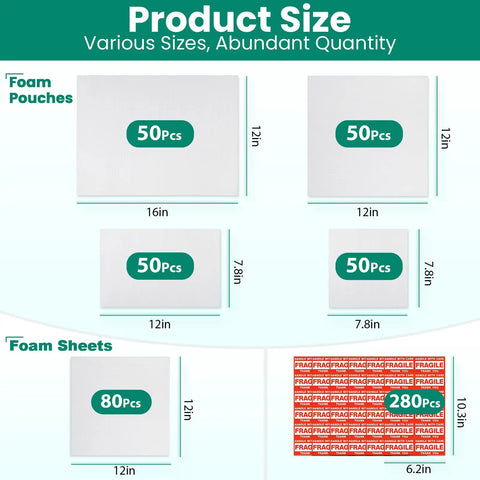 Moving Day Dish Packing Kit With 560 Foam Pouches And 80 Foam Board Sheets, sizes 16x12, 12x12, 12x7.8, 7.8x7.8, plus 280 Fragile stickers.