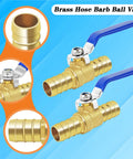 Brass hose barb ball valve kit, 2 pcs, 5/8 inch fittings, blue lever handles, stainless clamps.