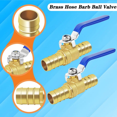 Brass hose barb ball valve kit, 2 pcs, 5/8 inch fittings, blue lever handles, stainless clamps.