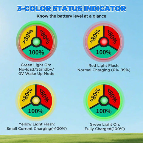 3-color status indicator for 29.2V 20A LiFePO4 Battery Charger for 24V systems with IP67 waterproof housing showing charge levels.