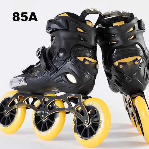 Inline Skate Wheels Outdoor And Indoor 6 To 8 Pack 85A Durable PU Wheels With Bearings on black skates close-up.
