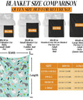 Blanket size comparison chart featuring Super Cute Sugar Glider Throw Blanket For Kids And Girls with dimensions and uses.