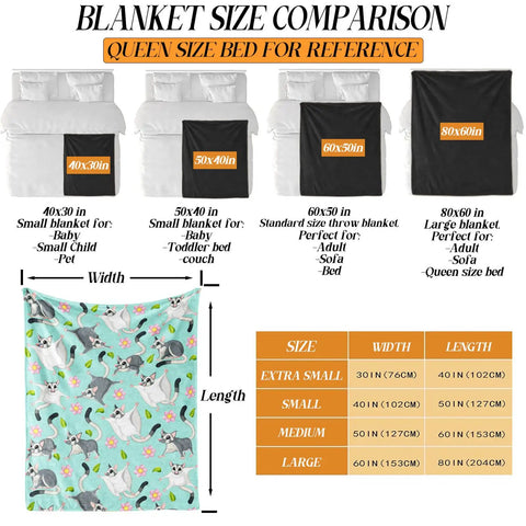 Blanket size comparison chart featuring Super Cute Sugar Glider Throw Blanket For Kids And Girls with dimensions and uses.