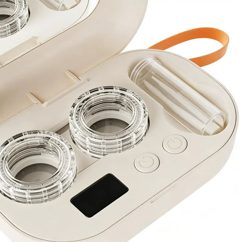 Ultrasonic Contact Lens Cleaner Machine For Home And On The Go Portable Electric Lens Cleaner with silicone chamber and controls visible.