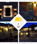 Image of 2 Pack LED Dusk To Dawn A19 Bug Light Bulbs with Automatic Sensor Yellow Amber Light for Porch Security Auto On Off 2000K E26 Base 500 Lumens No Fuss Install, depicted installed on house entryways and porch.