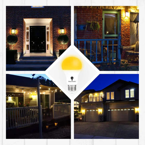 Image of 2 Pack LED Dusk To Dawn A19 Bug Light Bulbs with Automatic Sensor Yellow Amber Light for Porch Security Auto On Off 2000K E26 Base 500 Lumens No Fuss Install, depicted installed on house entryways and porch.
