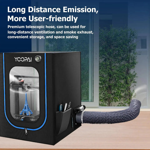 Low Key Quiet Fume Extraction Kit For 3D Printer Enclosure With Low Noise Exhaust Fan and Retractable Hose on desk