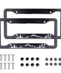 Two Pack Universal Car License Plate Frames With Screws For US Plates Twelve Point Three By Six Point Three Inches Aluminum Weatherproof Durable Plate Holder Decor For Women And Men with mountain design.