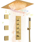 Premium 20 Inch Bathroom Shower System With Built In Bluetooth Speaker And 64 Color Led Mood Lights Brushed Gold Overhead Rainfall Head with controls