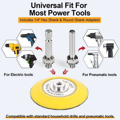 3 Inch Wet Dry Headlight Restoration Kit adapters for drill and pneumatic tools with yellow backing pad.