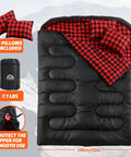 Two Person Double Sleeping Bag With Two Pillows, Split Into Two Individual Bags Or One Queen Blanket, shown with pillows and dimensions