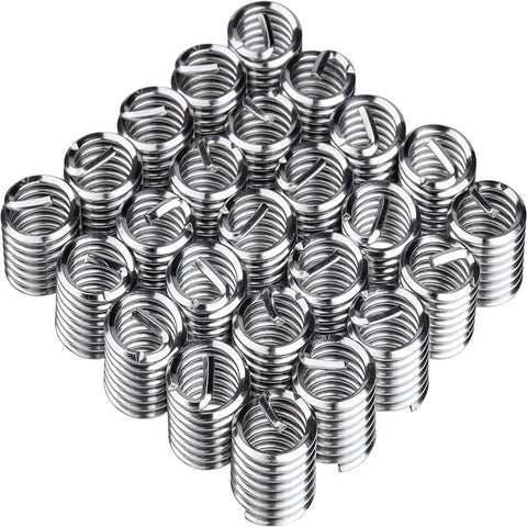 25 pieces of stainless steel M5x0.8mm thread inserts from the 30 Piece Thread Repair Kit Must Have With M5X0.8mm Thread Inserts Includes Helicoil Insertion Tool Lug Breaker Installation Tool Wrench Thread Tap And Drill Bit For Restoring Stripped Holes In Auto Motorcycle Machinery And Home Projects.