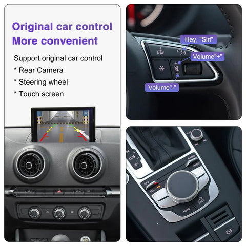 Wireless CarPlay Retrofit Kit for Audi A3 S3 2013 2018 With Android Auto, Mirror Link, And Reverse Camera, Not For MIB2 High, Compatible With MIB1 And MHS2 Systems, Easy Plug And Play Car Tech Upgrade showing dashboard and control integration