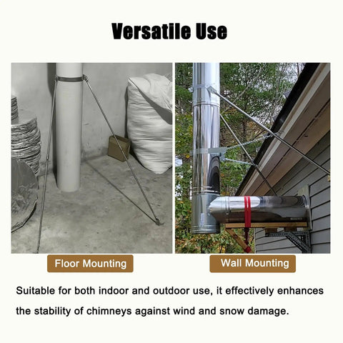 Kickass Durability Stainless Steel Chimney Support Bracket With No Sweat Setup For Ventilation Duct And Wood Burner mounted on floor and wall.