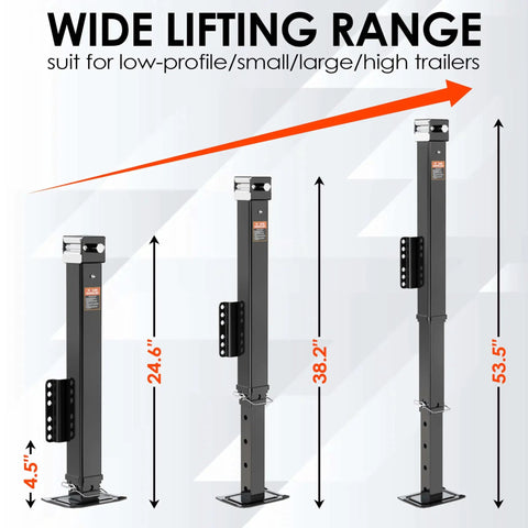 Beefed Up 8000 Lb Trailer Jack Drill Jack Bolt On With 28.6 Inch Vertical Travel showing adjustable height range from 24.6 to 53.5 inches.