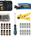 Coax Cable Crimping Tool Kit For RG6 RG59 RG11 With Adjustable Wire Stripper And Quick Release Blade Includes F Male And Female To Female Connectors Handy Screwdriver No Sweat DIY Cable TV Internet Install